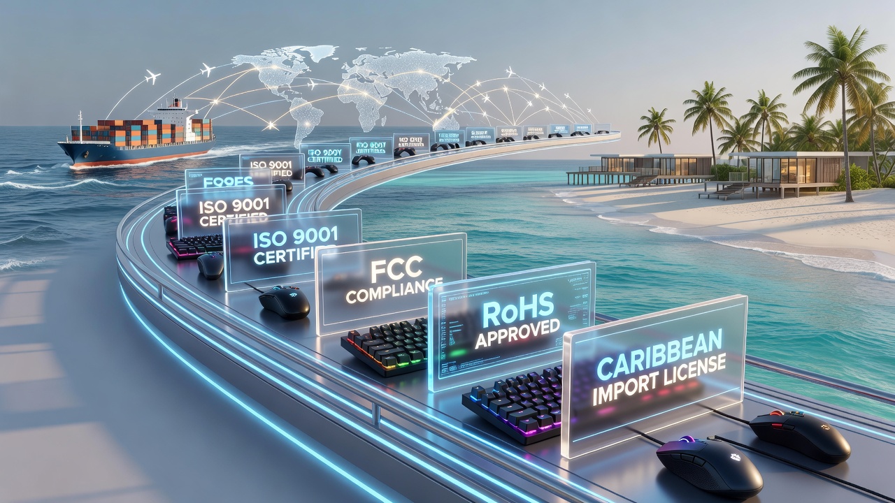 Professional gaming accessories undergoing certification checks before shipment to Caribbean resorts