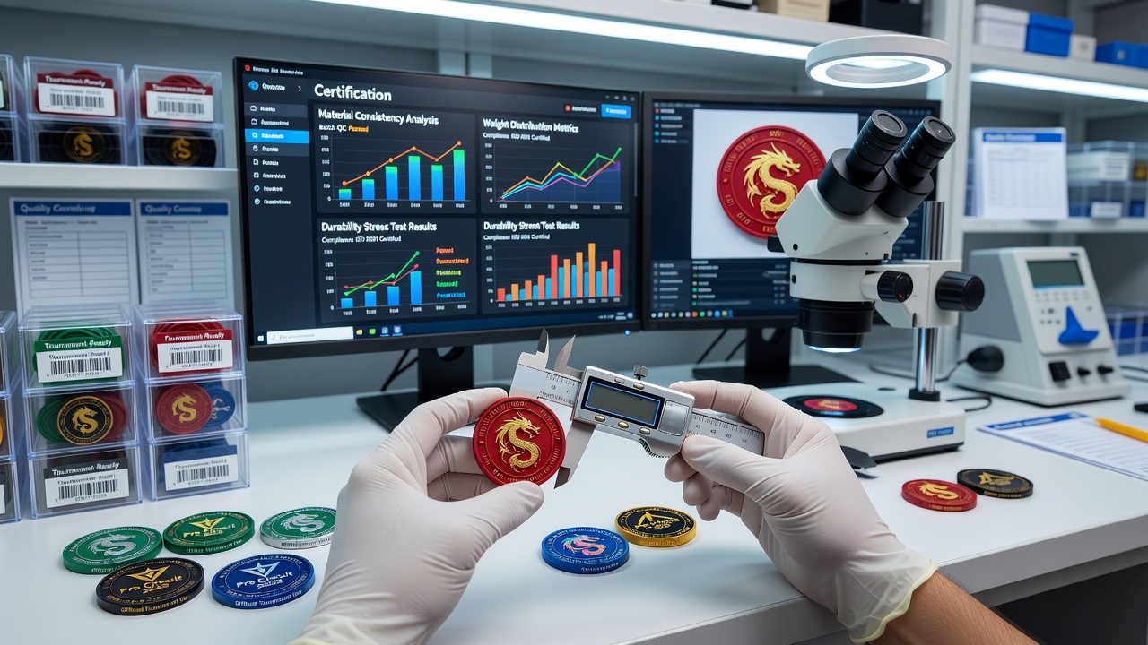 Clay composite gaming tokens undergoing precision weight and balance testing in a certified laboratory setting