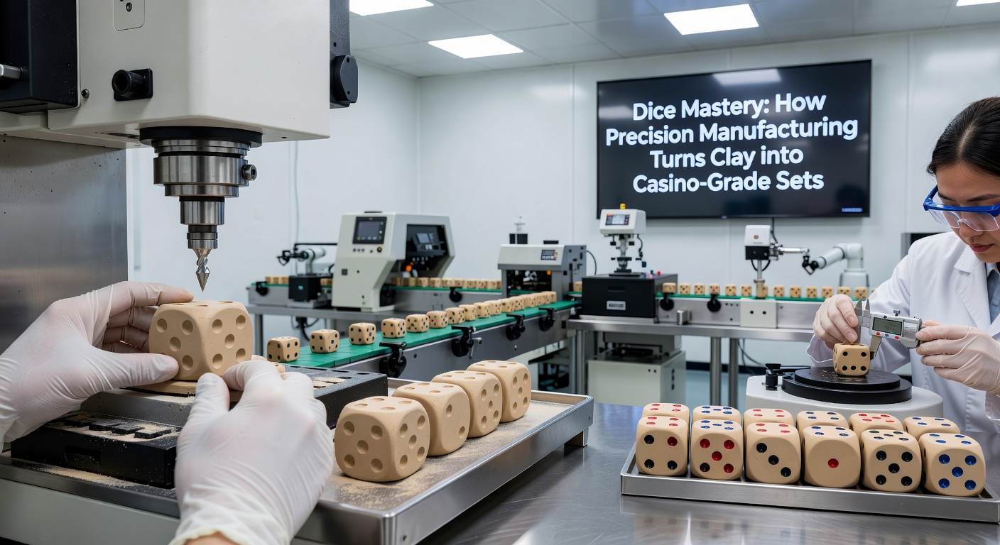 Close-up of casino-grade dice on an automated inspection conveyor, with laser scanners checking for imperfections and balance