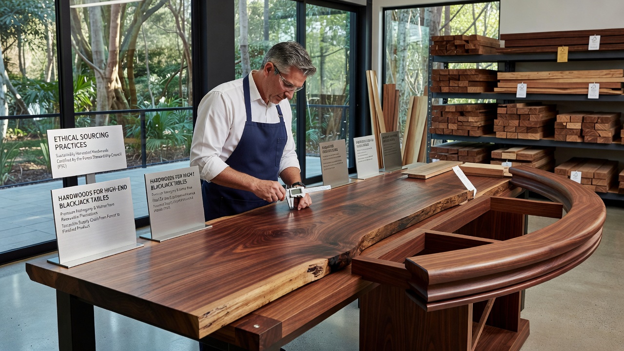 Precision woodworking equipment shaping certified hardwood components for professional blackjack tables