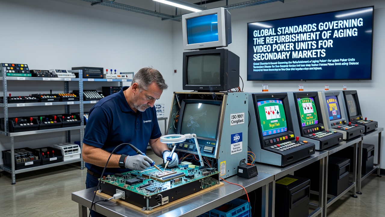 Technicians inspecting refurbished video poker units in a certified facility following international compliance protocols