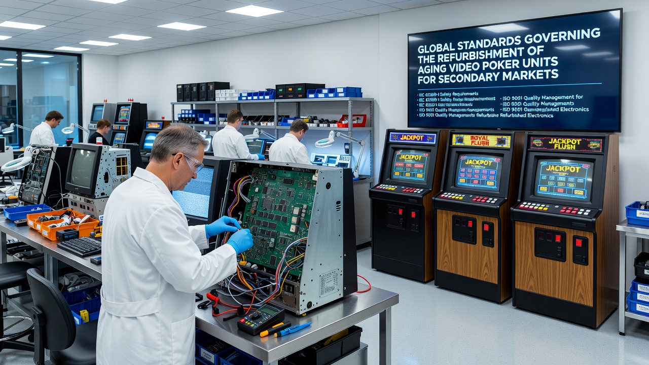 Detailed view of certified components being installed during video poker unit refurbishment under global regulatory guidelines