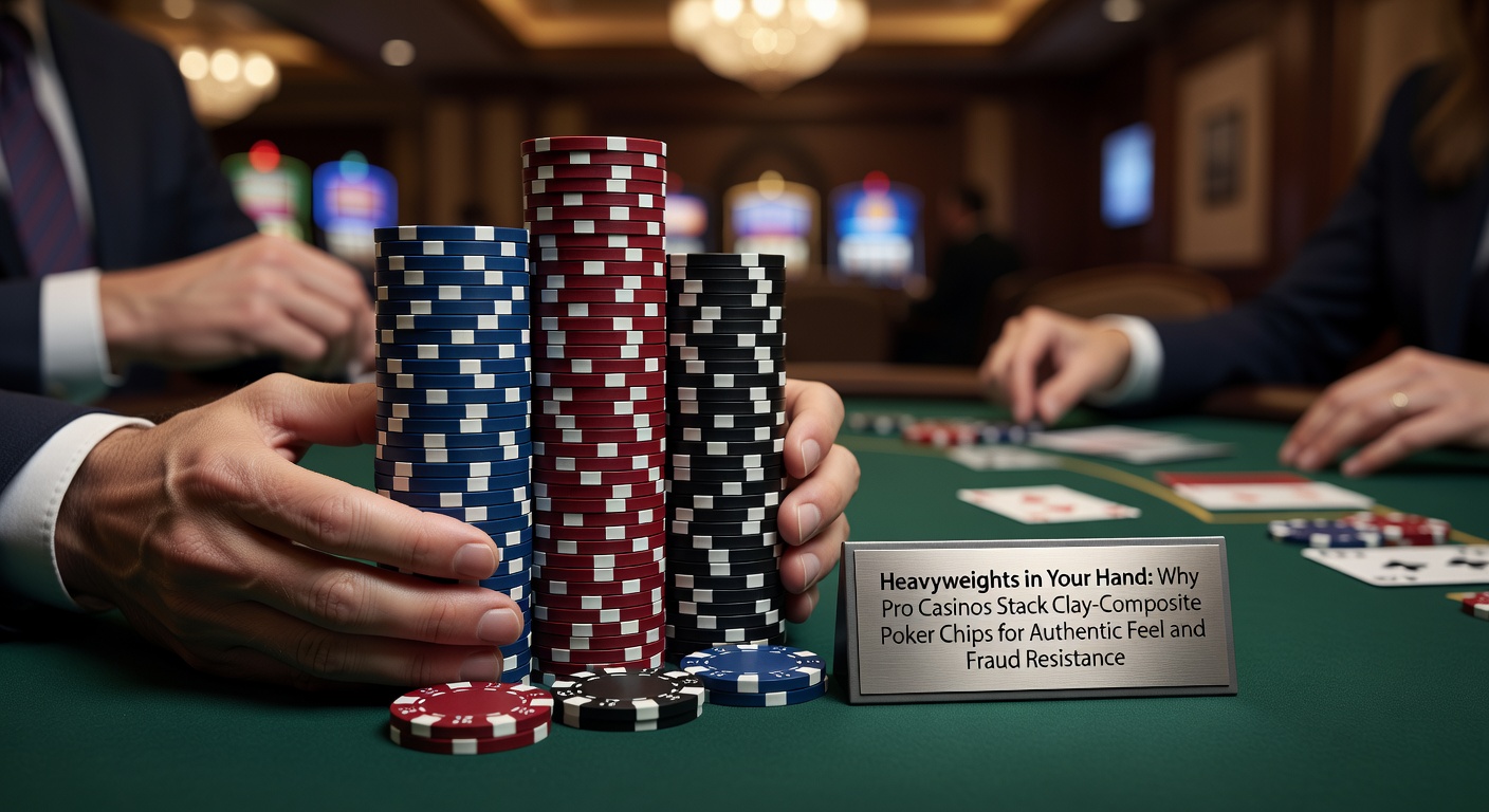 Close-up stack of heavy clay-composite poker chips showing intricate edge designs and weighty texture in a professional casino setting