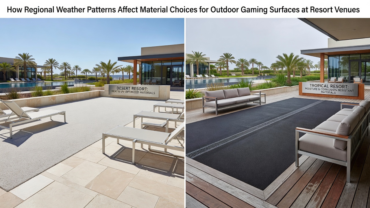 Outdoor gaming table setup at a desert resort showing UV-protected surfaces under intense sunlight