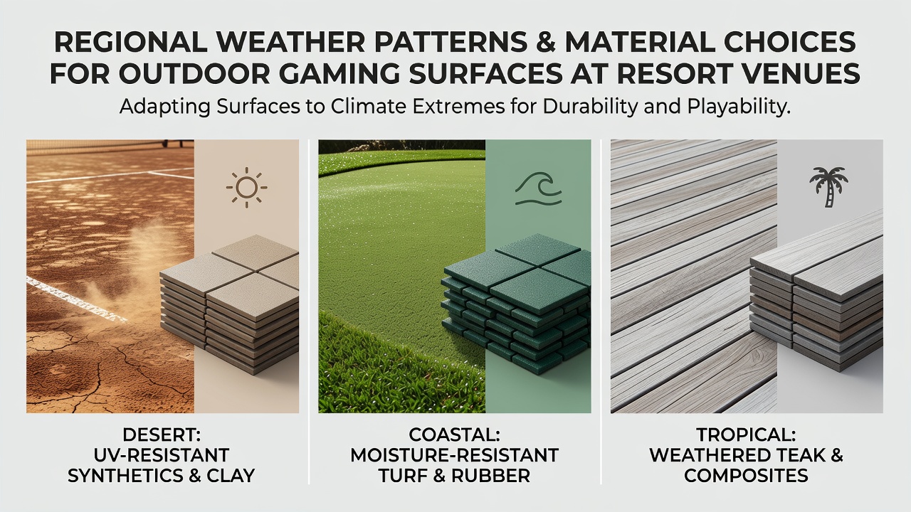 Tropical resort gaming surface with water-resistant composite materials during a rain shower