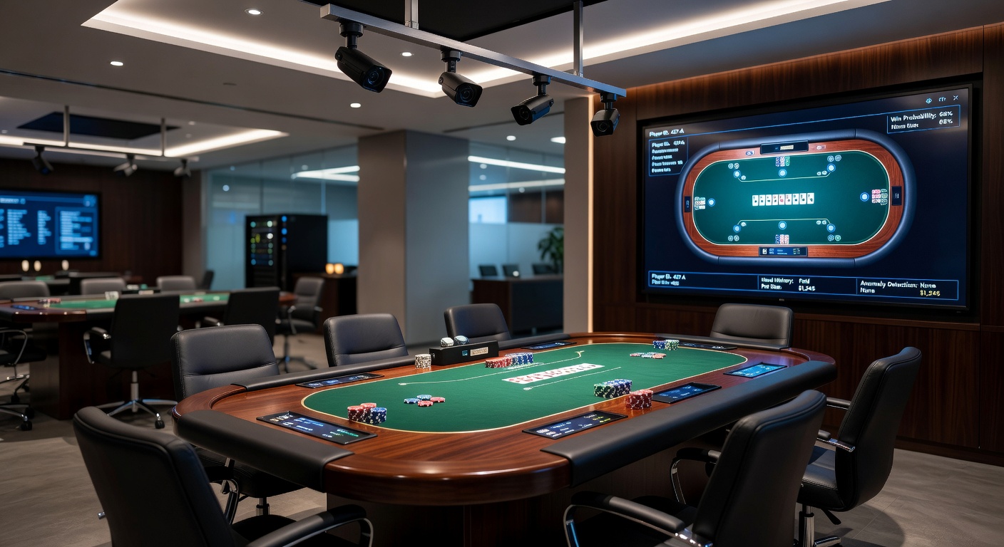 Traditional poker table with integrated digital sensors and RFID chip tracking overlay