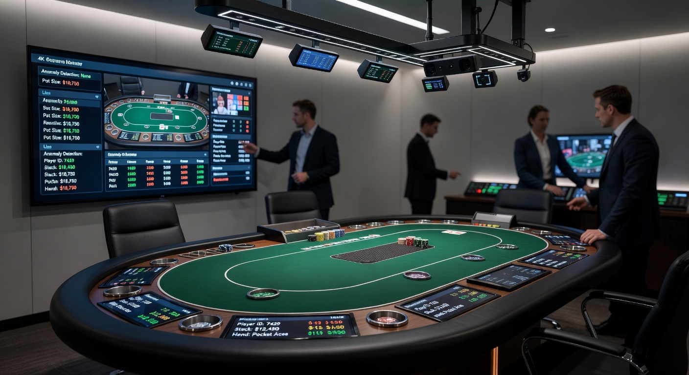 Close-up view of poker table sensors linked to digital oversight dashboard showing real-time bet tracking