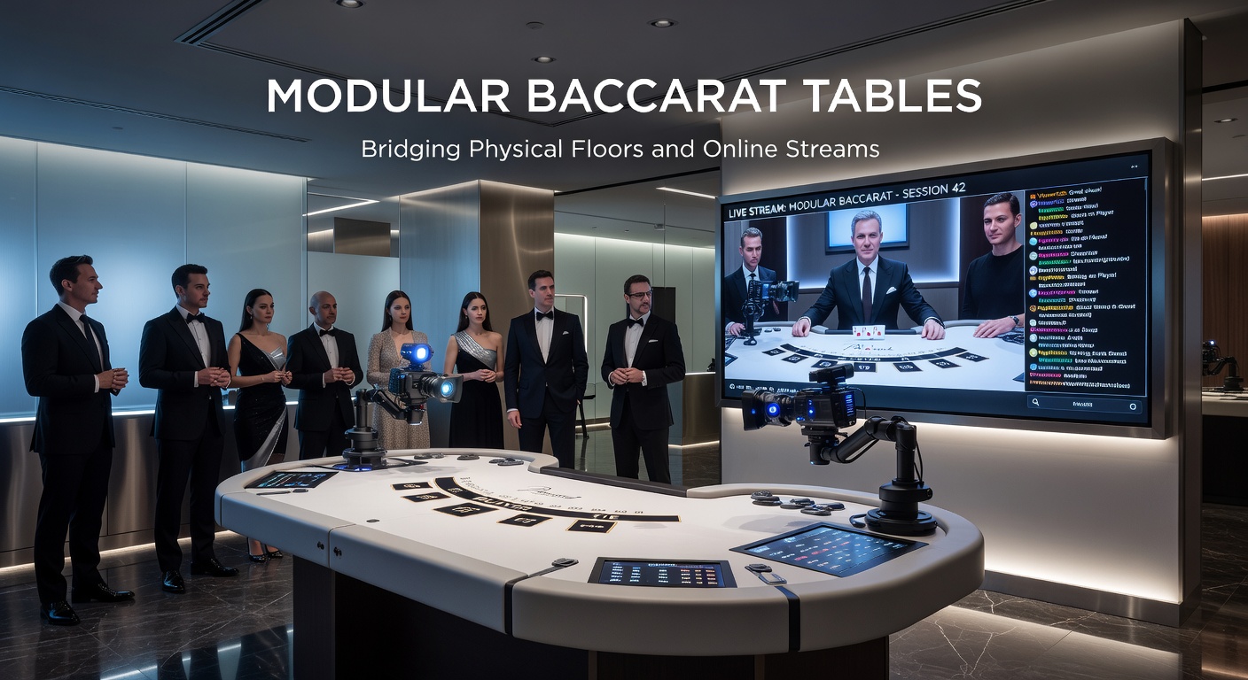 A sleek modular baccarat table assembled on a bustling casino floor, surrounded by players and high-tech cameras for live streaming