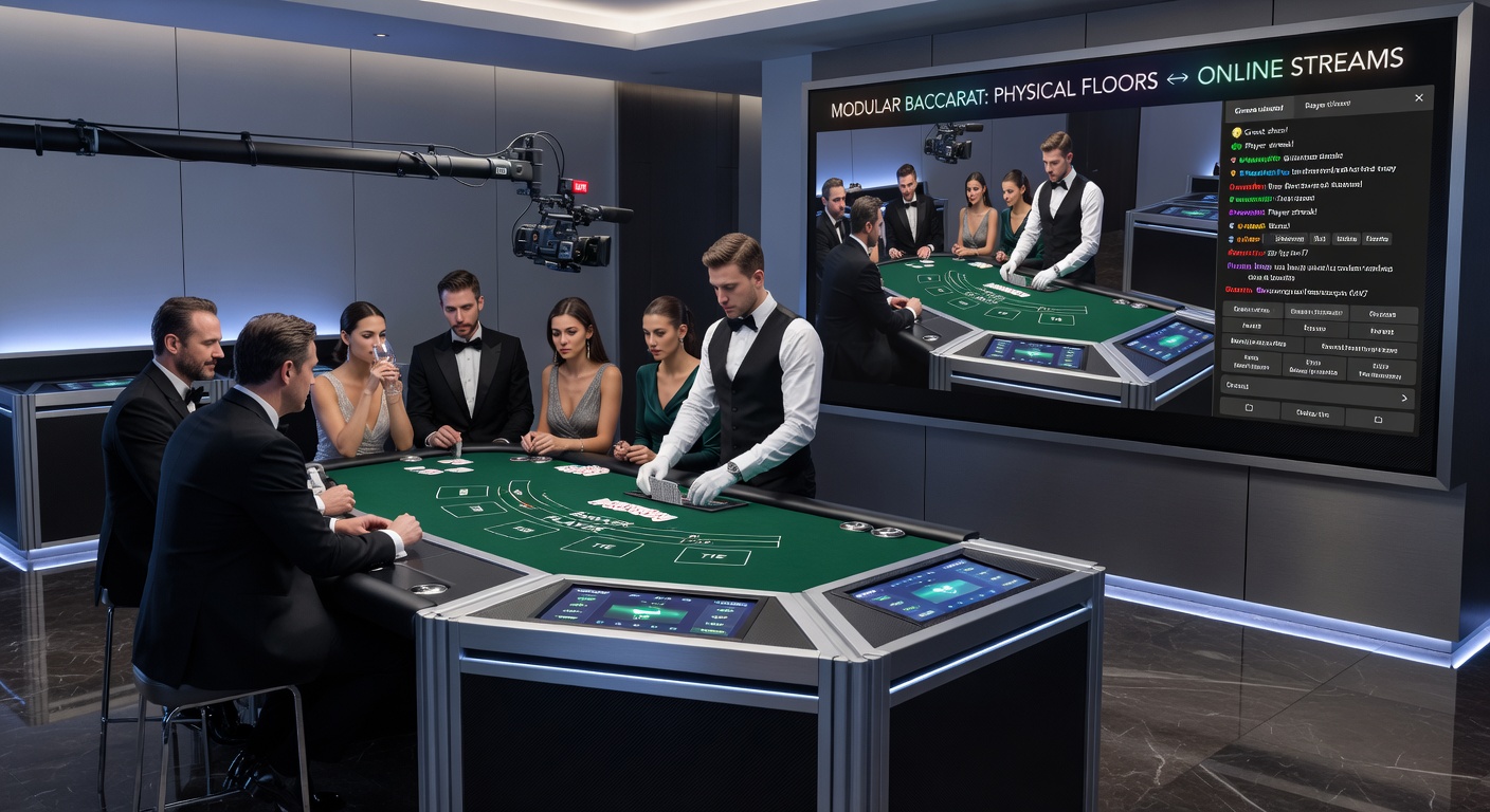 Close-up of a live-streamed baccarat hand on a modular table, with overlaid digital betting interface for online viewers