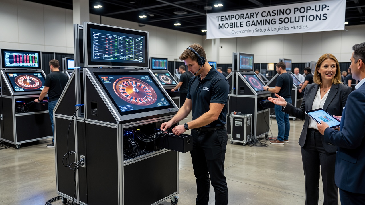 Technicians testing connectivity and power systems on modular gaming tables at a temporary casino event