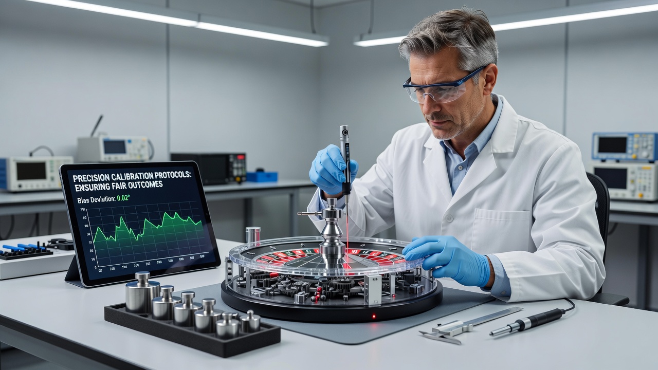Technician performing initial rotor balance check on a newly installed roulette wheel using digital leveling equipment