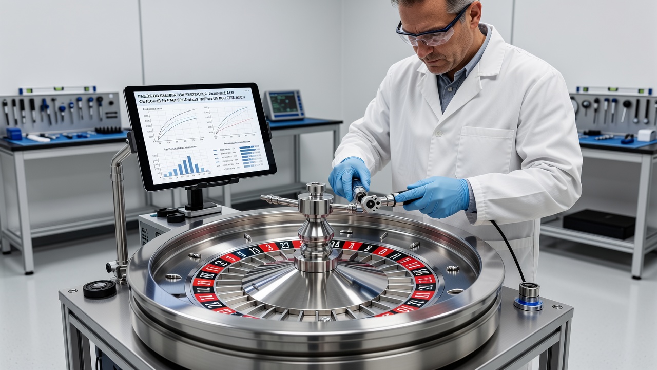 Calibration team reviewing sensor output graphs during a scheduled roulette wheel audit in a casino technical room