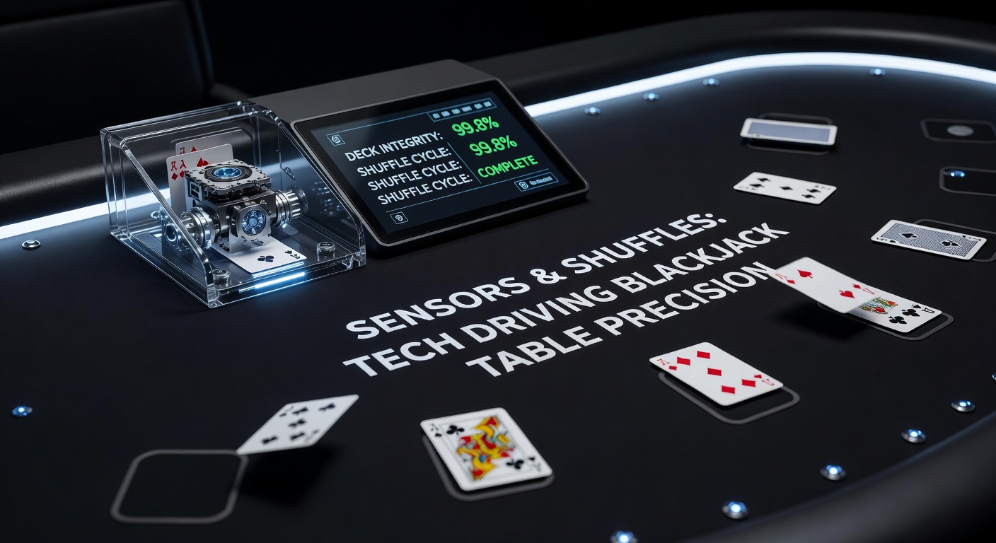 A sleek modern blackjack table equipped with embedded sensors and an integrated automatic shuffler, illuminated under casino lights