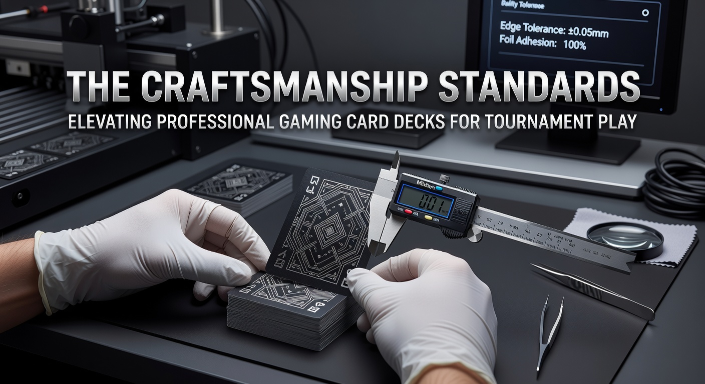 Close-up view of precision-cut professional poker card decks with custom finishes ready for tournament distribution