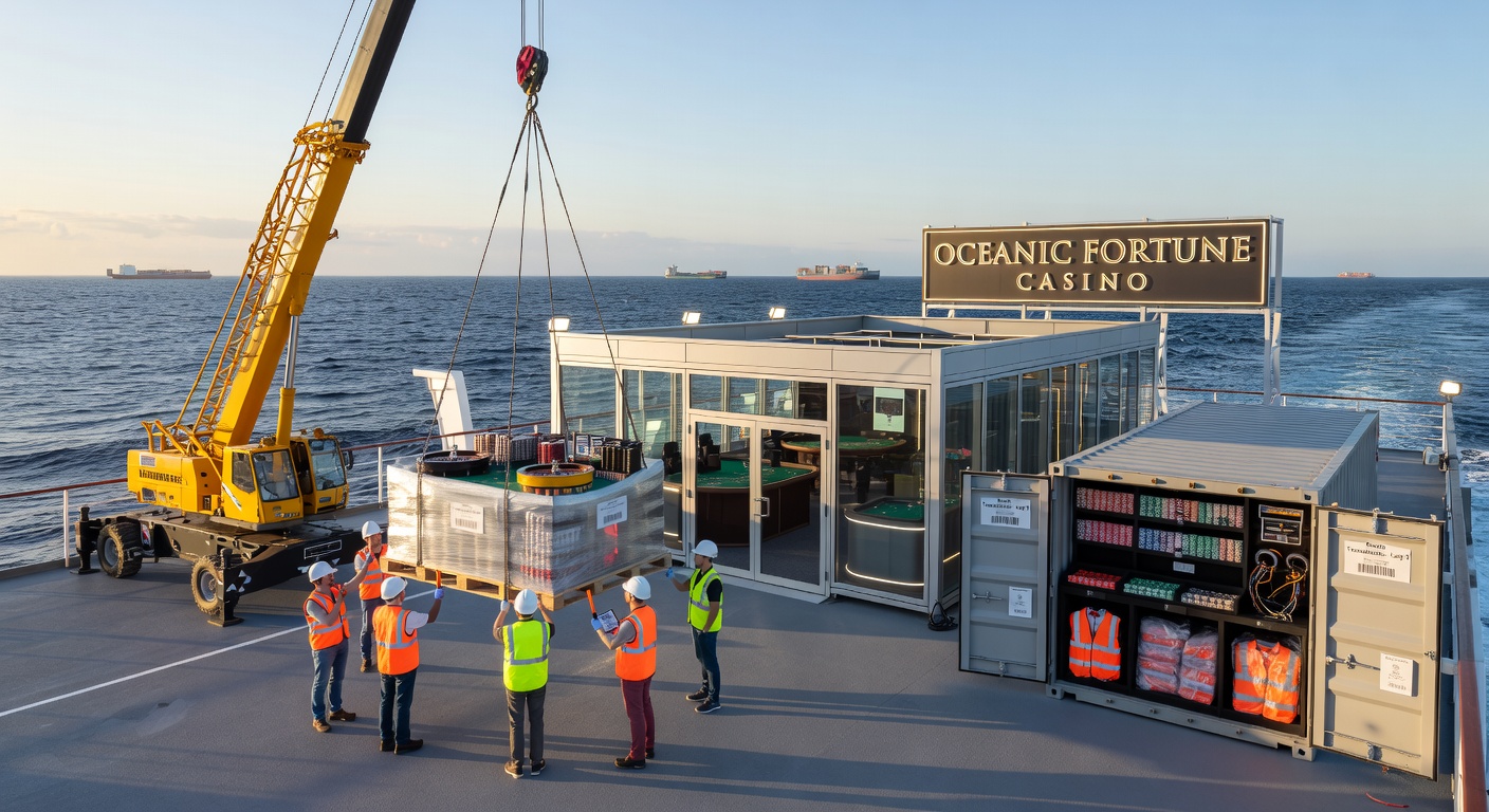 Cruise ship casino floor setup showing modular tables and equipment secured for sea movement