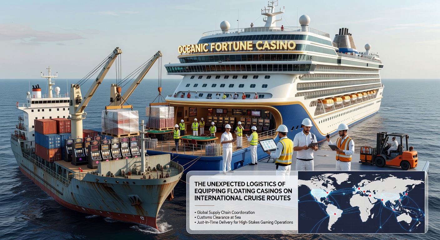 Technicians installing secured gaming equipment on a cruise ship deck during port maintenance